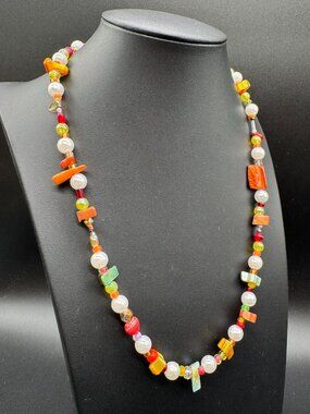Beaded Necklace Multicoloured Glass Faux Pearls Dyed Mother of Pearl 20 inches